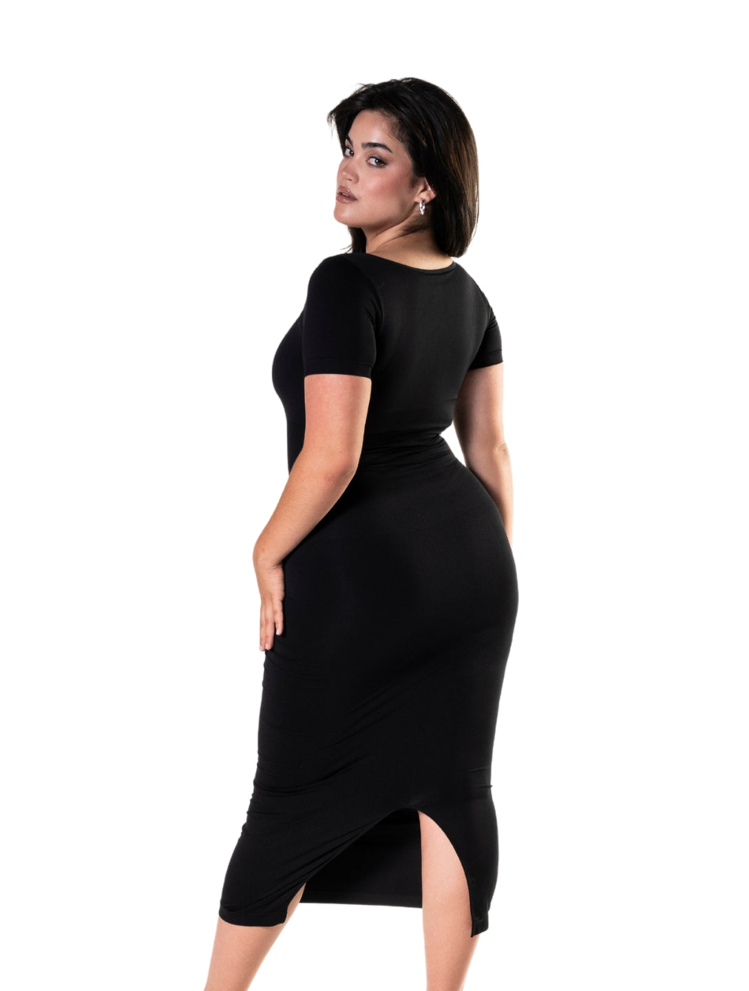 Bodycon Shapewear Midi Slit Dress with Short Sleeves - XYRIS