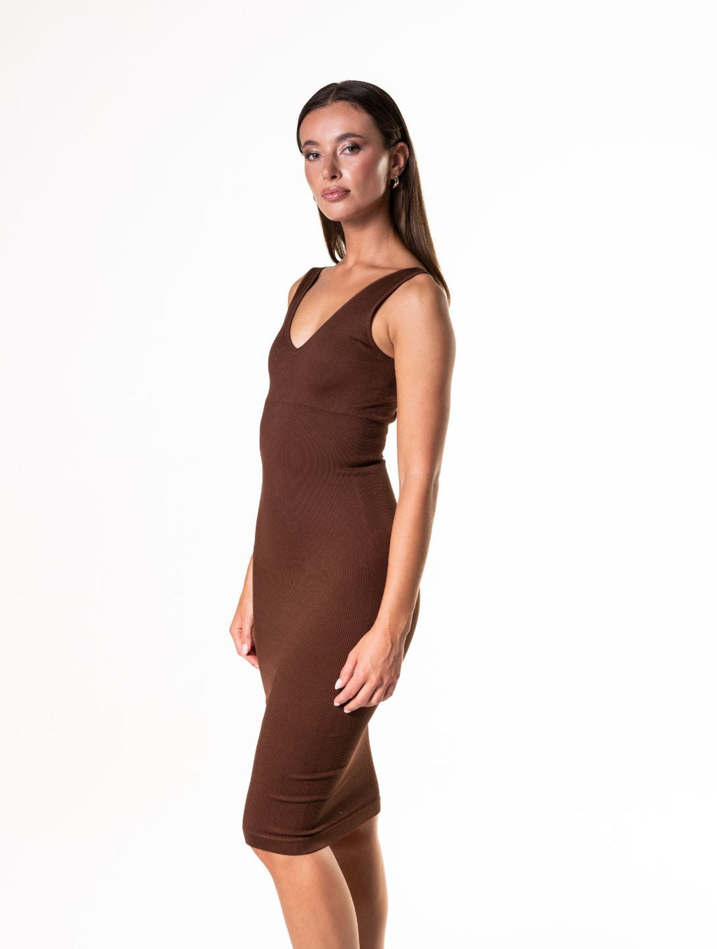 Deep V-Neck Seamless Shapewear Midi Dress - XYRIS