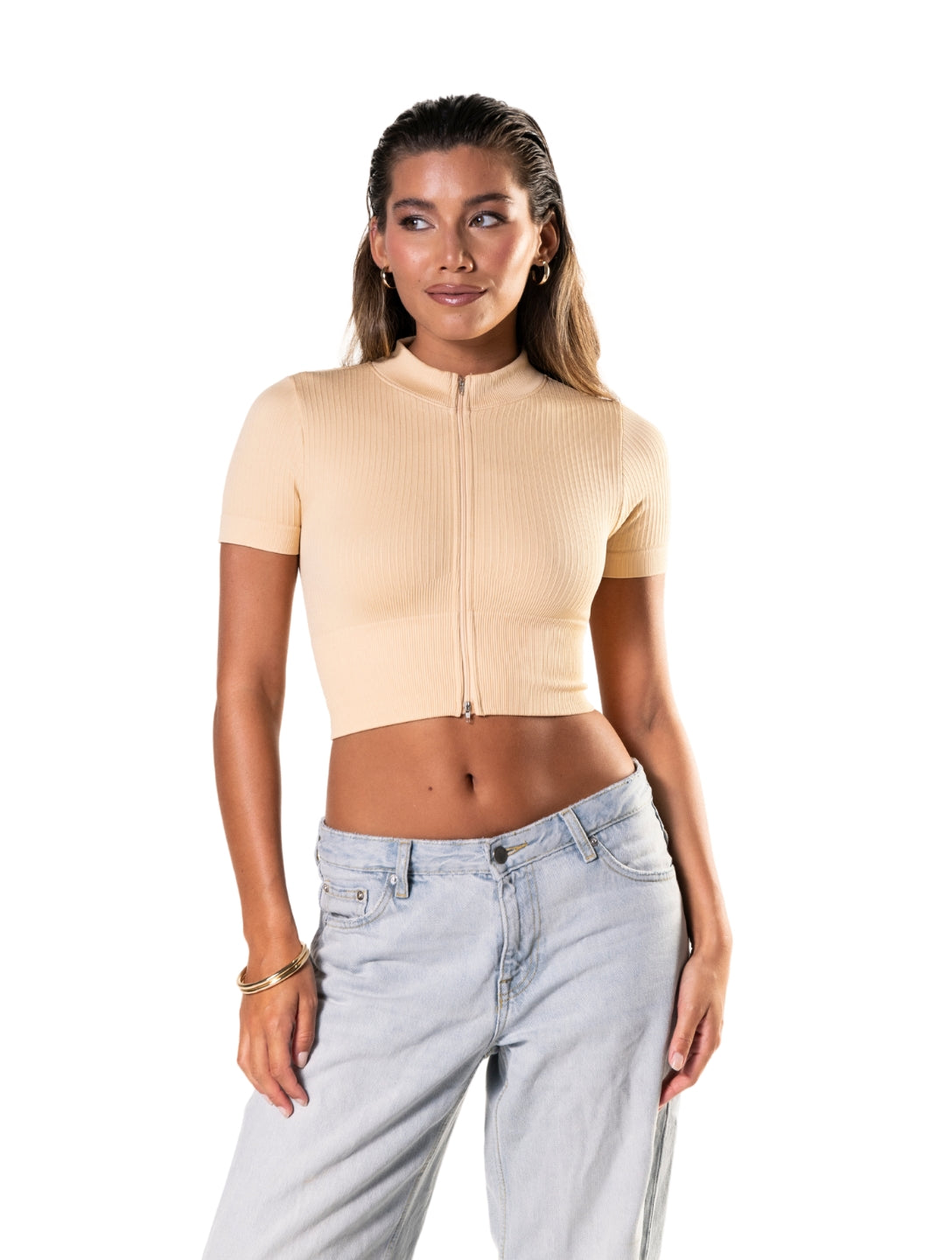 Seamless Ribbed Zip-Front Short Sleeve Crop Top - XYRIS