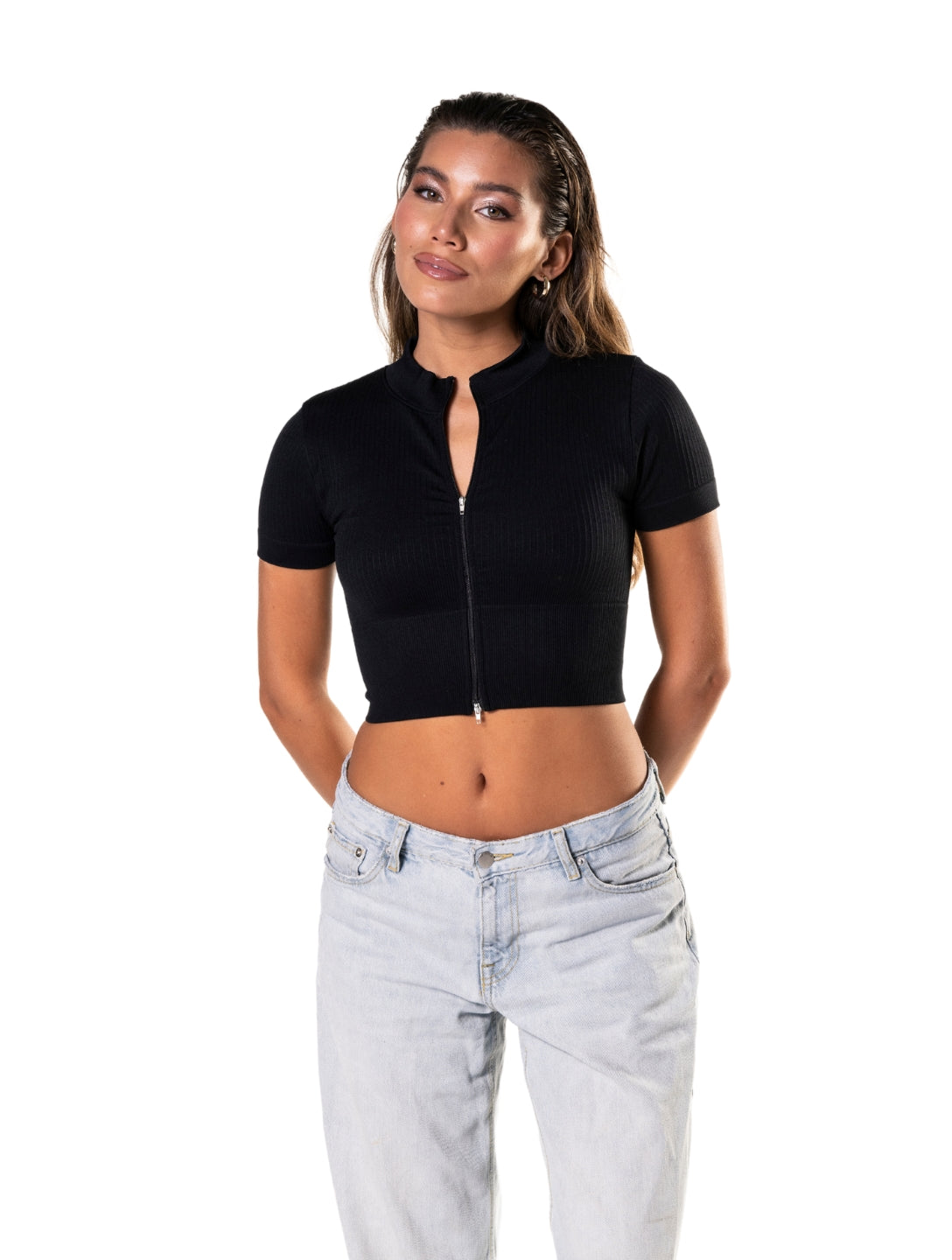Seamless Ribbed Zip-Front Short Sleeve Crop Top - XYRIS