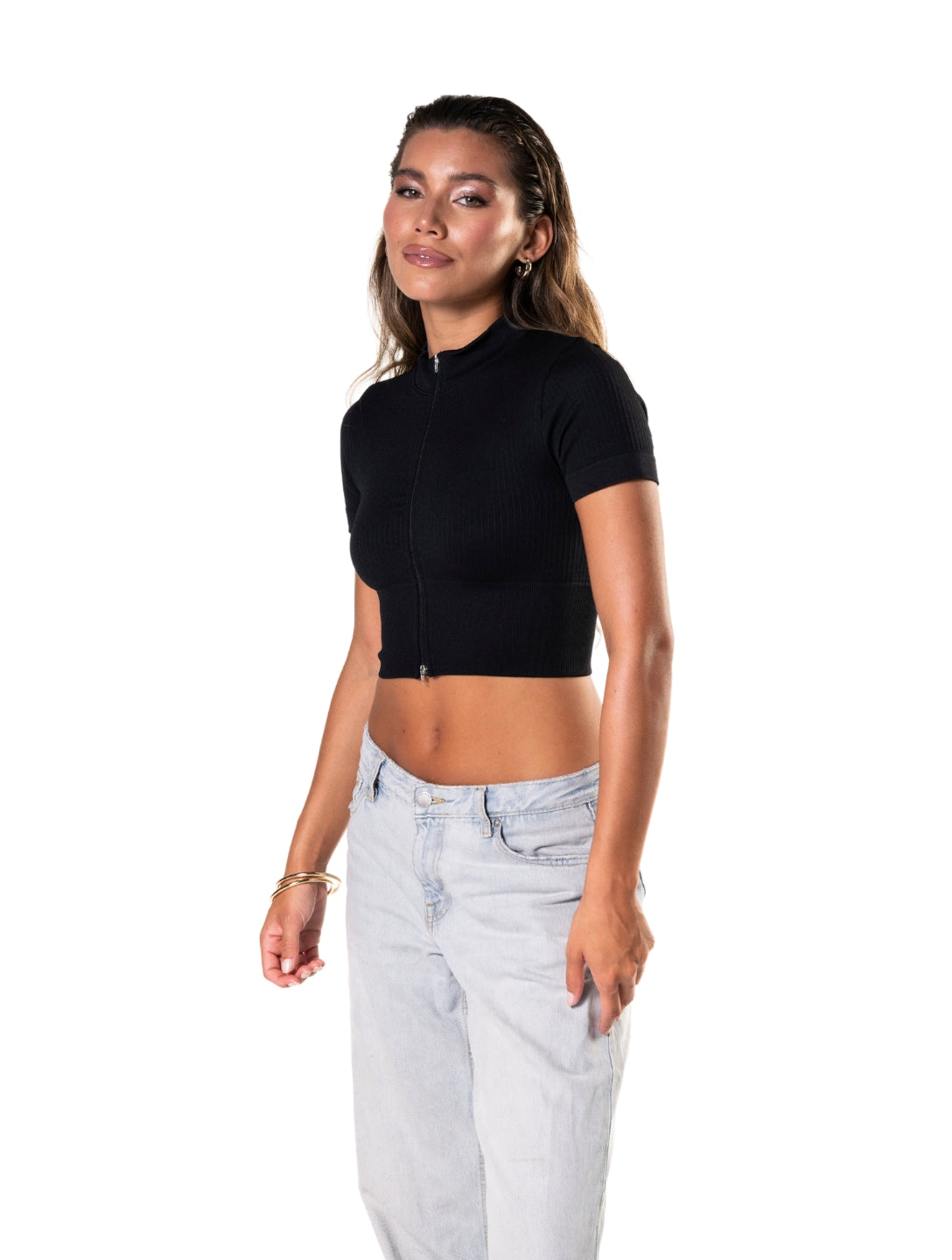 Seamless Ribbed Zip-Front Short Sleeve Crop Top - XYRIS