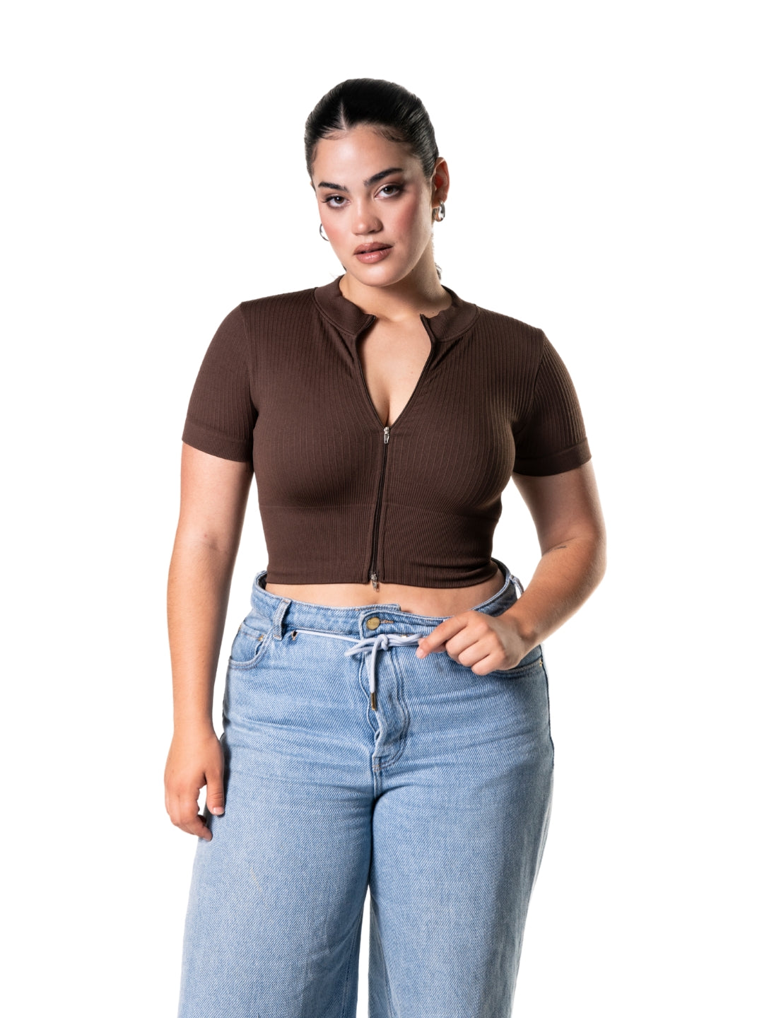 Seamless Ribbed Zip-Front Short Sleeve Crop Top - XYRIS