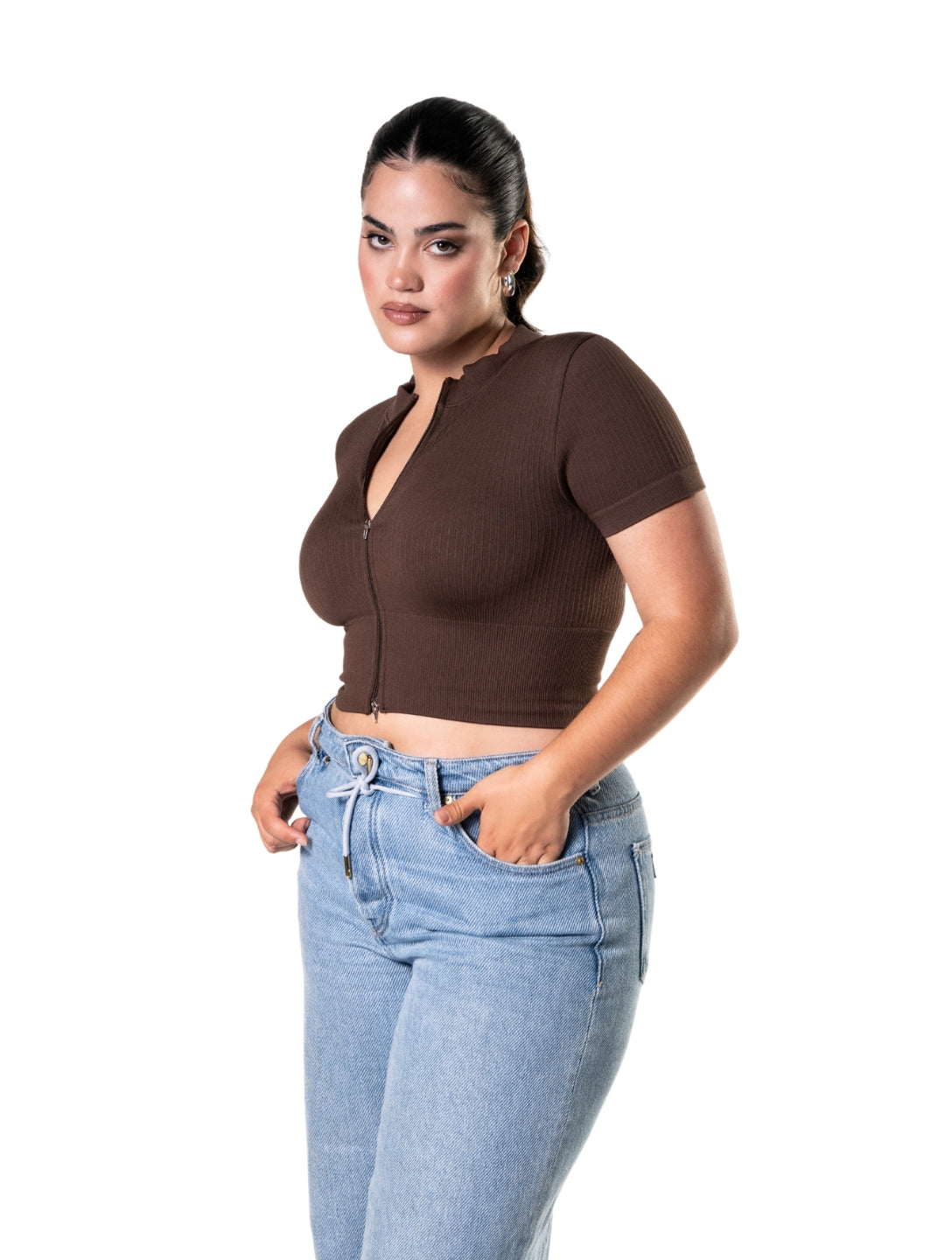 Seamless Ribbed Zip-Front Short Sleeve Crop Top - XYRIS
