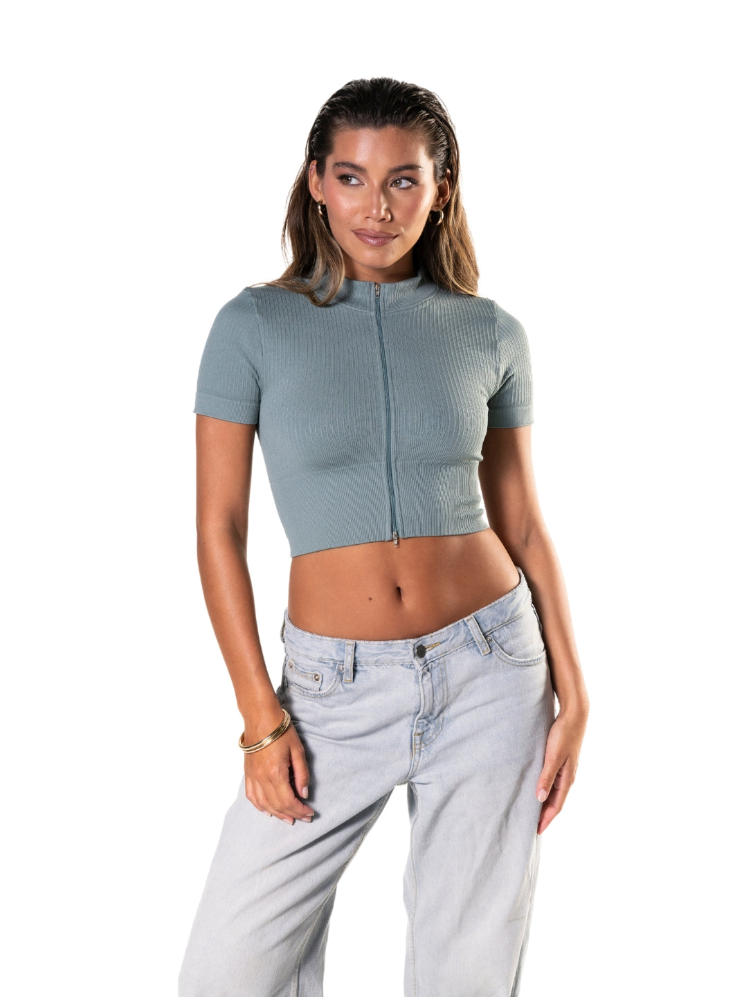 Seamless Ribbed Zip-Front Short Sleeve Crop Top - XYRIS