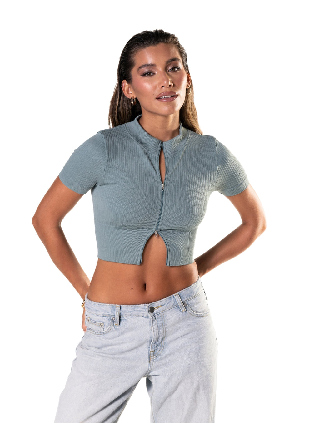 Seamless Ribbed Zip-Front Short Sleeve Crop Top - XYRIS