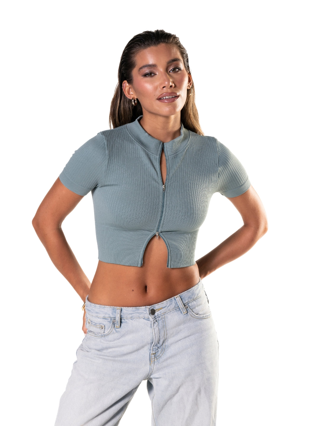 Seamless Ribbed Zip-Front Short Sleeve Crop Top - XYRIS