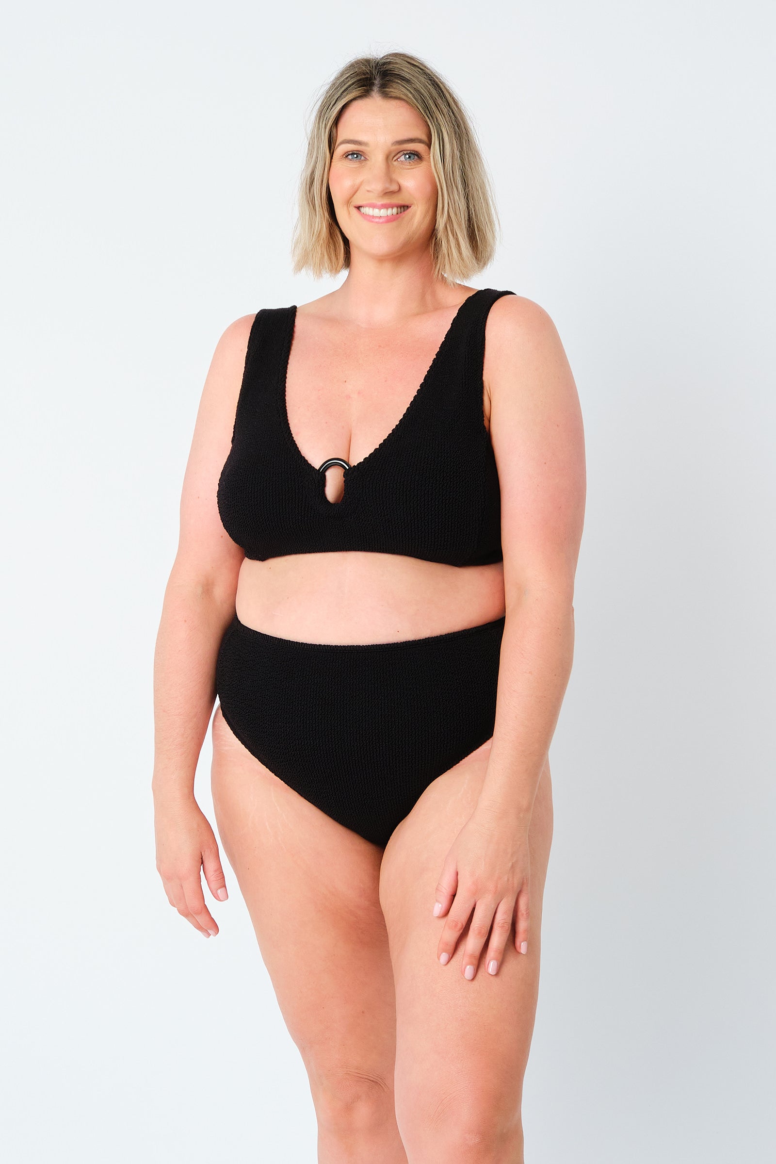 Crinkle Cut High-Waisted Bikini Bottom BLACK - XYRIS