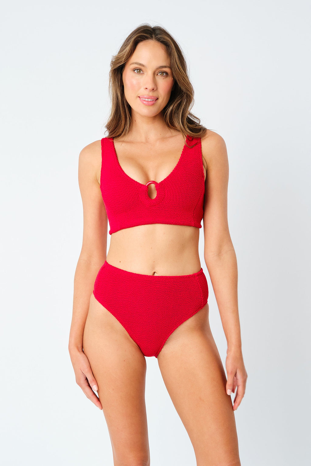 Crinkle Cut High-Waisted Bikini Bottom RED - XYRIS