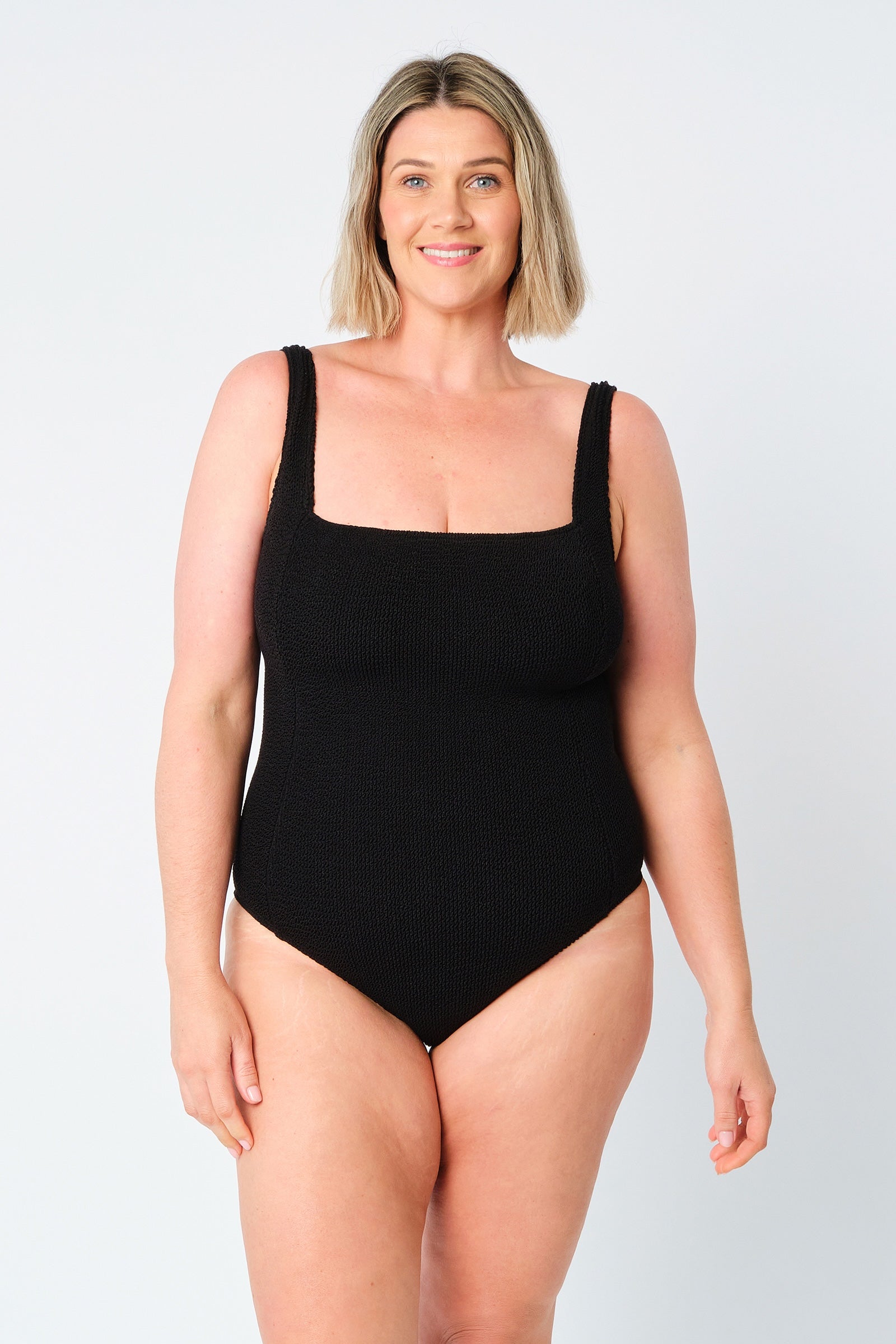 Crinkle Cut Square Neck One Piece BLACK - XYRIS