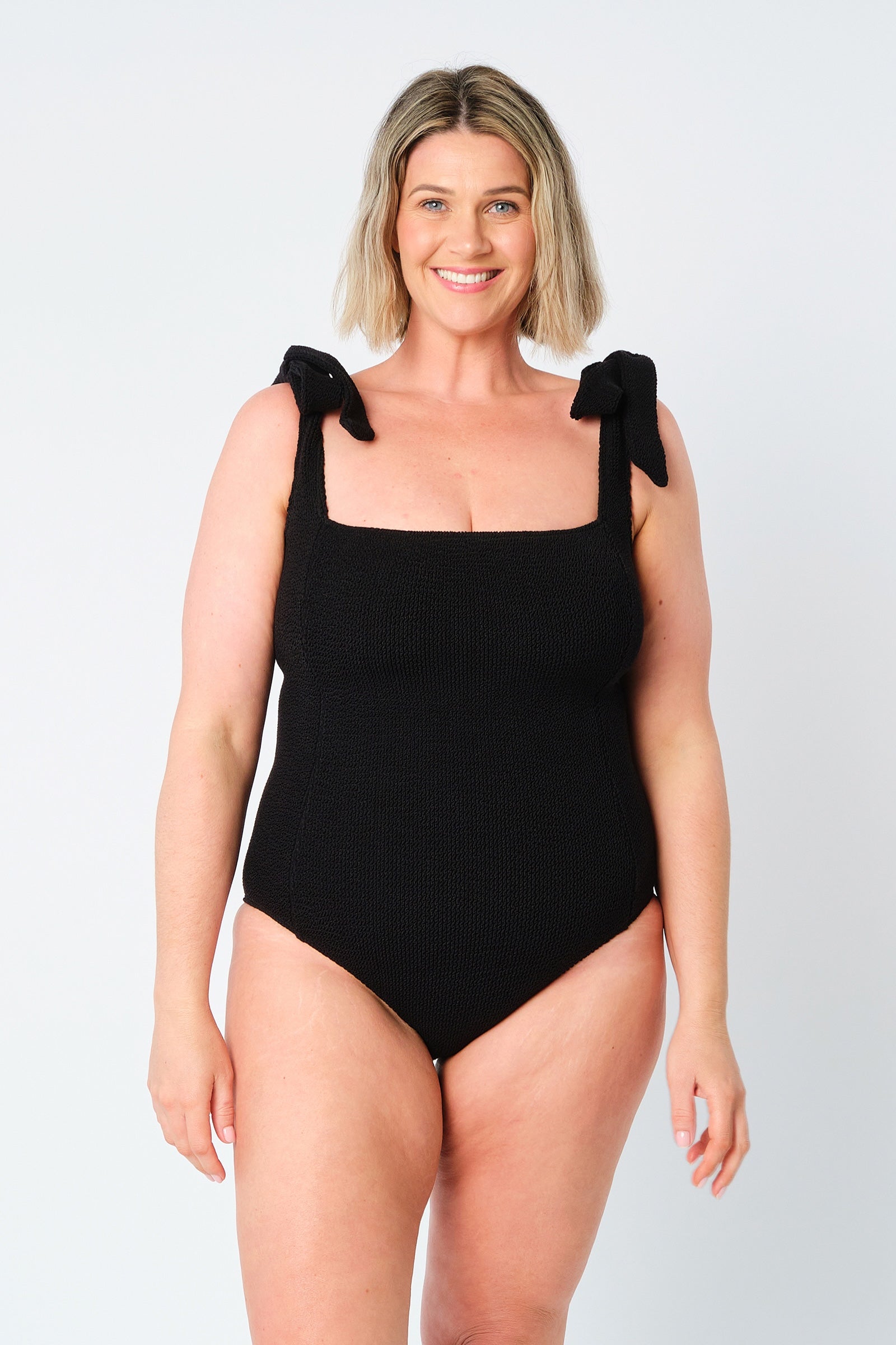 Crinkle Cut Square Neck One Piece BLACK - XYRIS