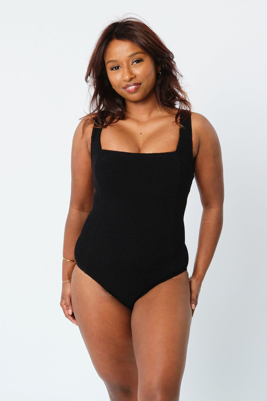 Crinkle Cut Square Neck One Piece BLACK - XYRIS