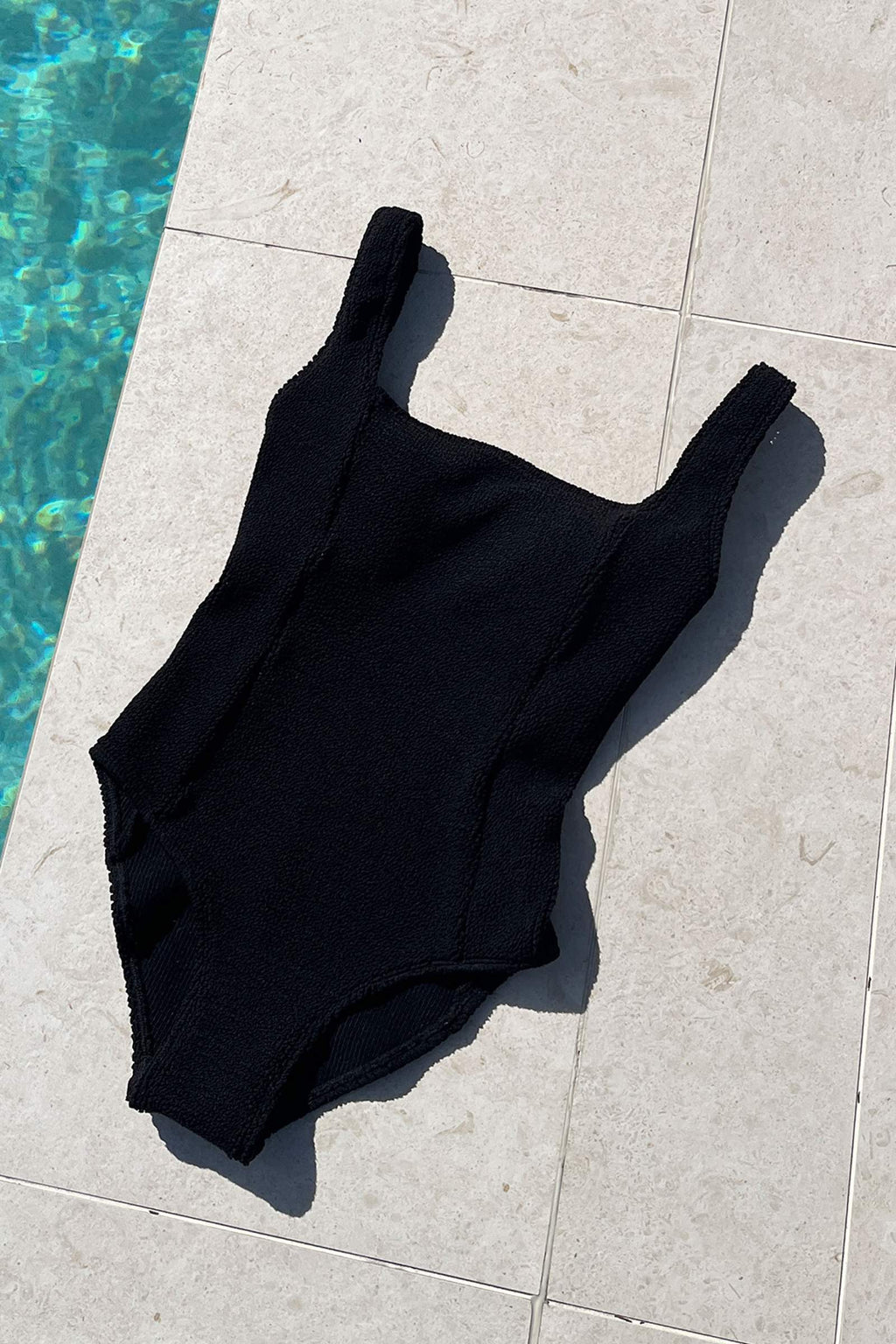 Crinkle Cut Square Neck One Piece BLACK - XYRIS