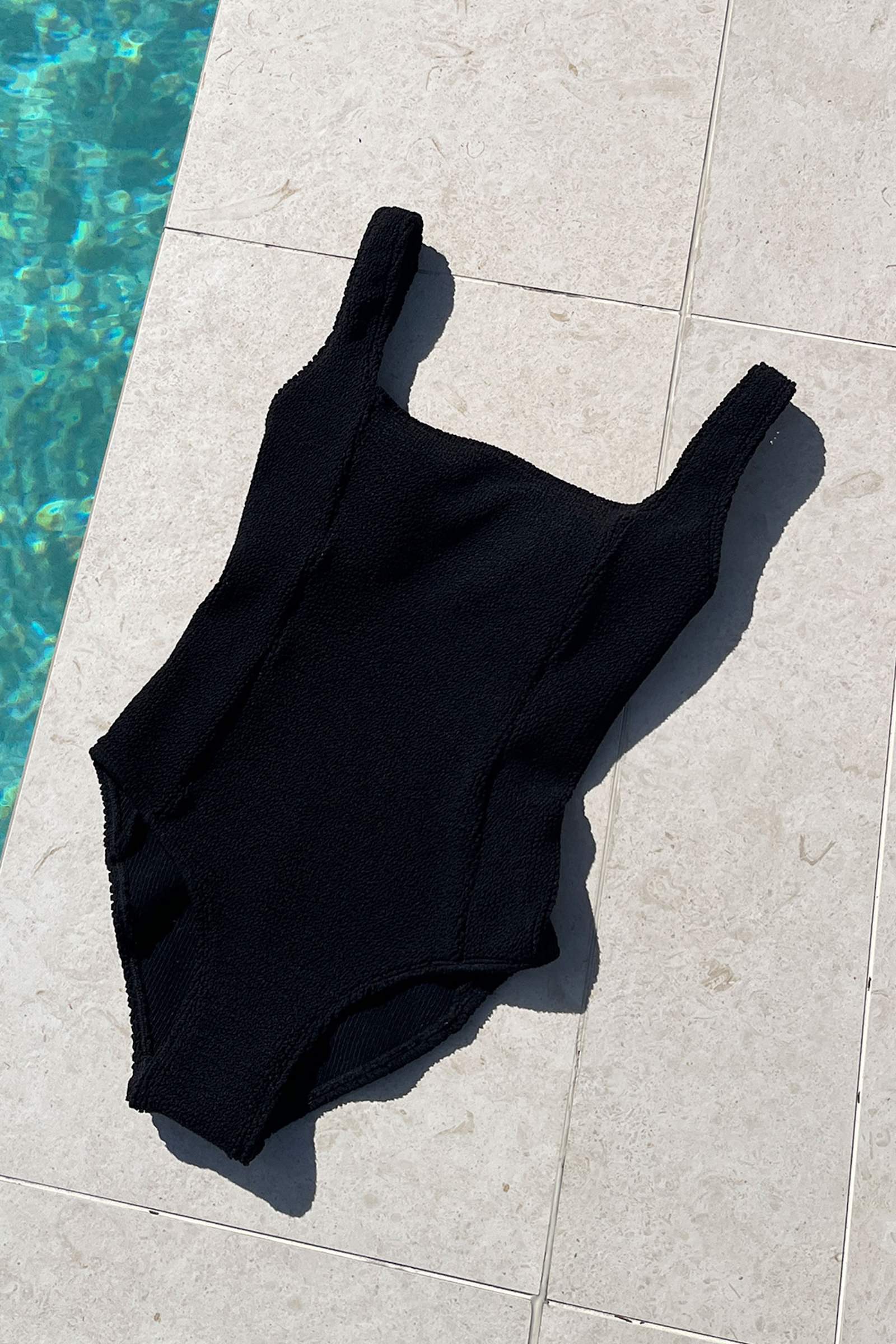 Crinkle Cut Square Neck One Piece BLACK - XYRIS