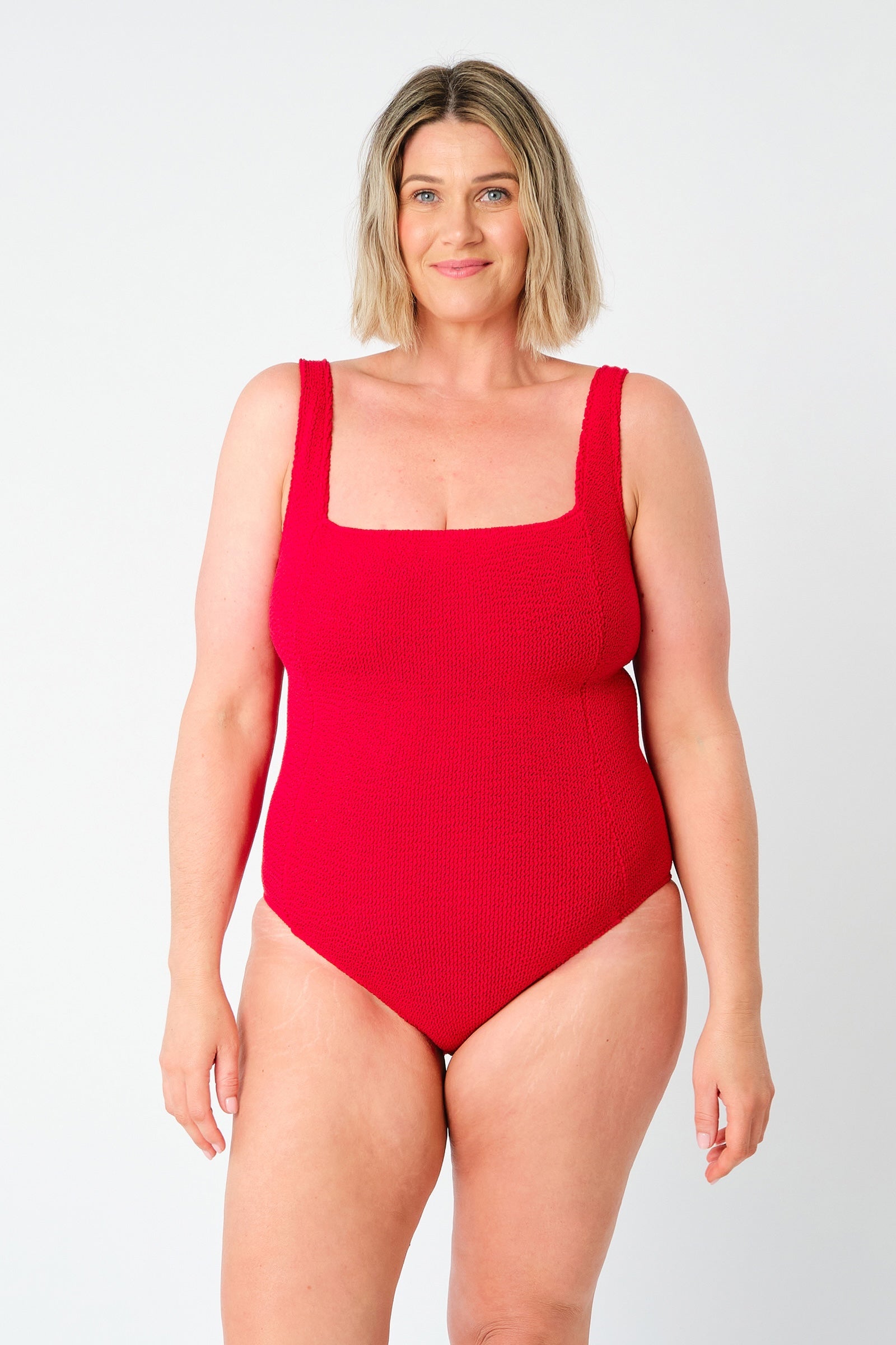 Crinkle Cut Square Neck One Piece RED - XYRIS