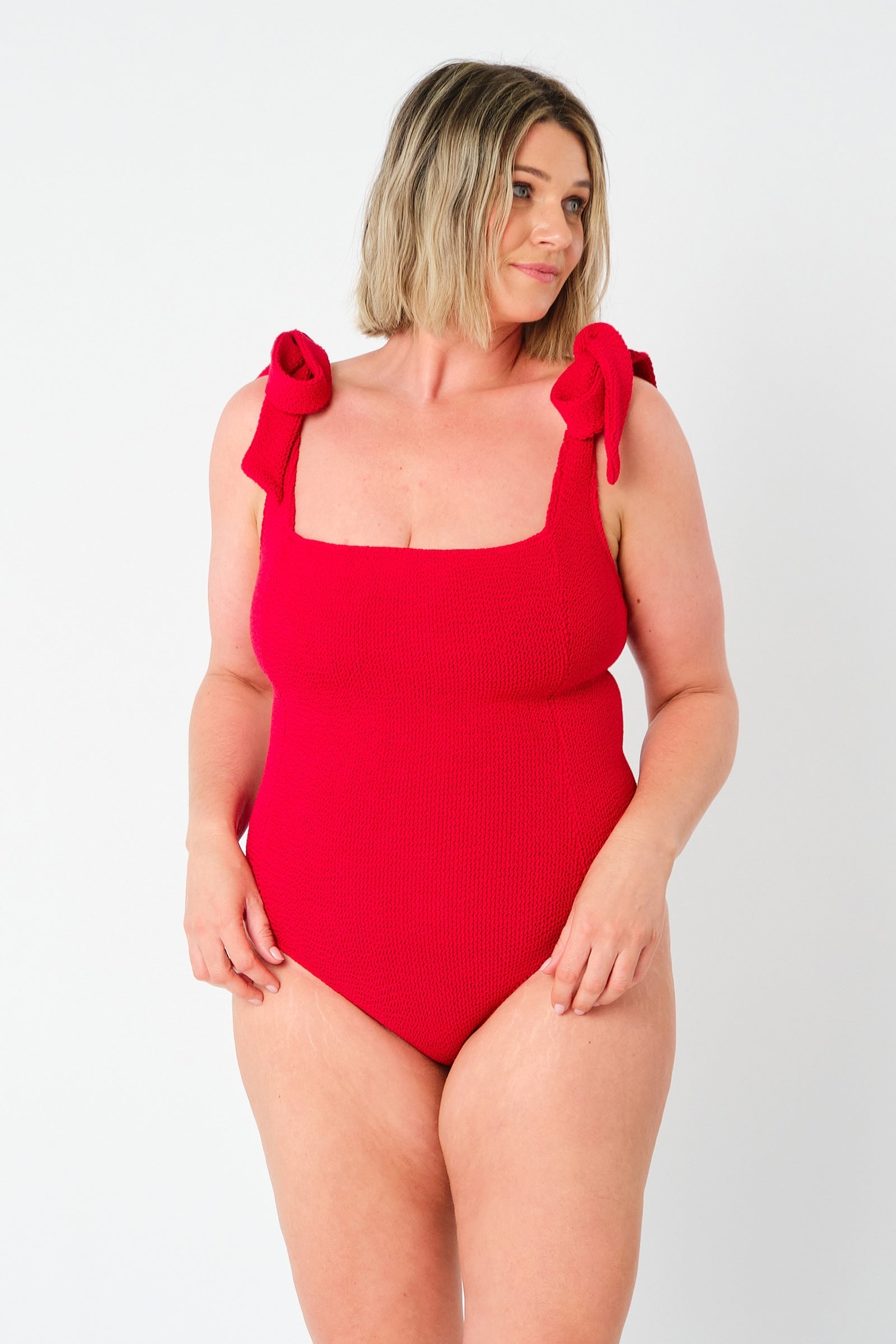 Crinkle Cut Square Neck One Piece RED - XYRIS