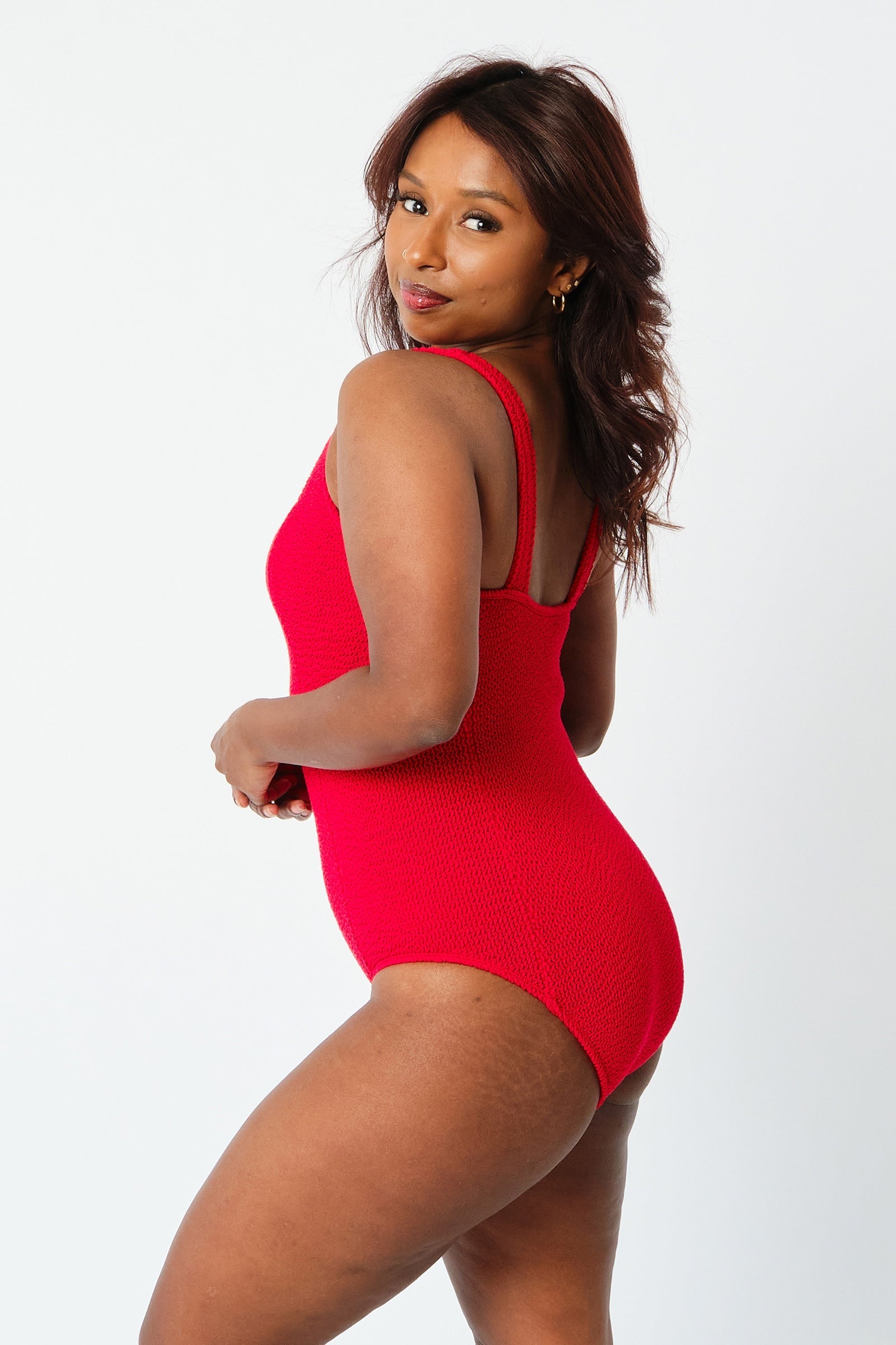 Crinkle Cut Square Neck One Piece RED - XYRIS