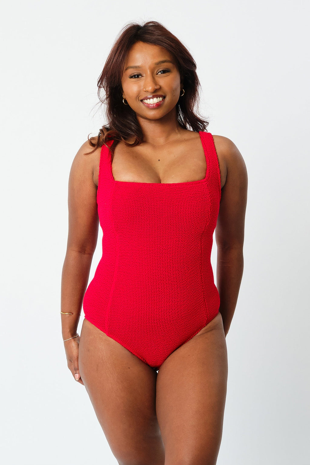 Crinkle Cut Square Neck One Piece RED - XYRIS