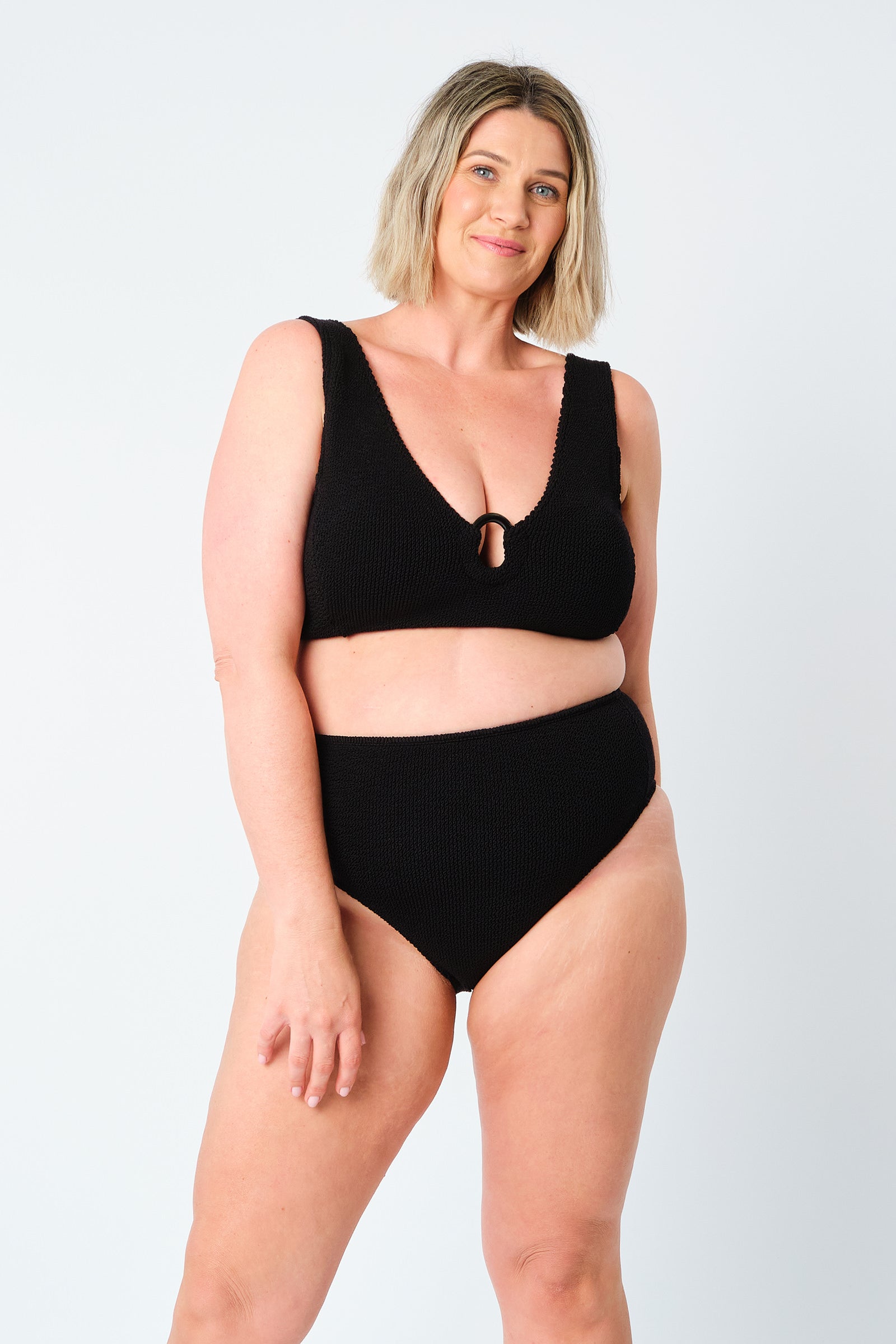 Crinkle Cut V-Neck Bikini Bralette with Ring BLACK - XYRIS