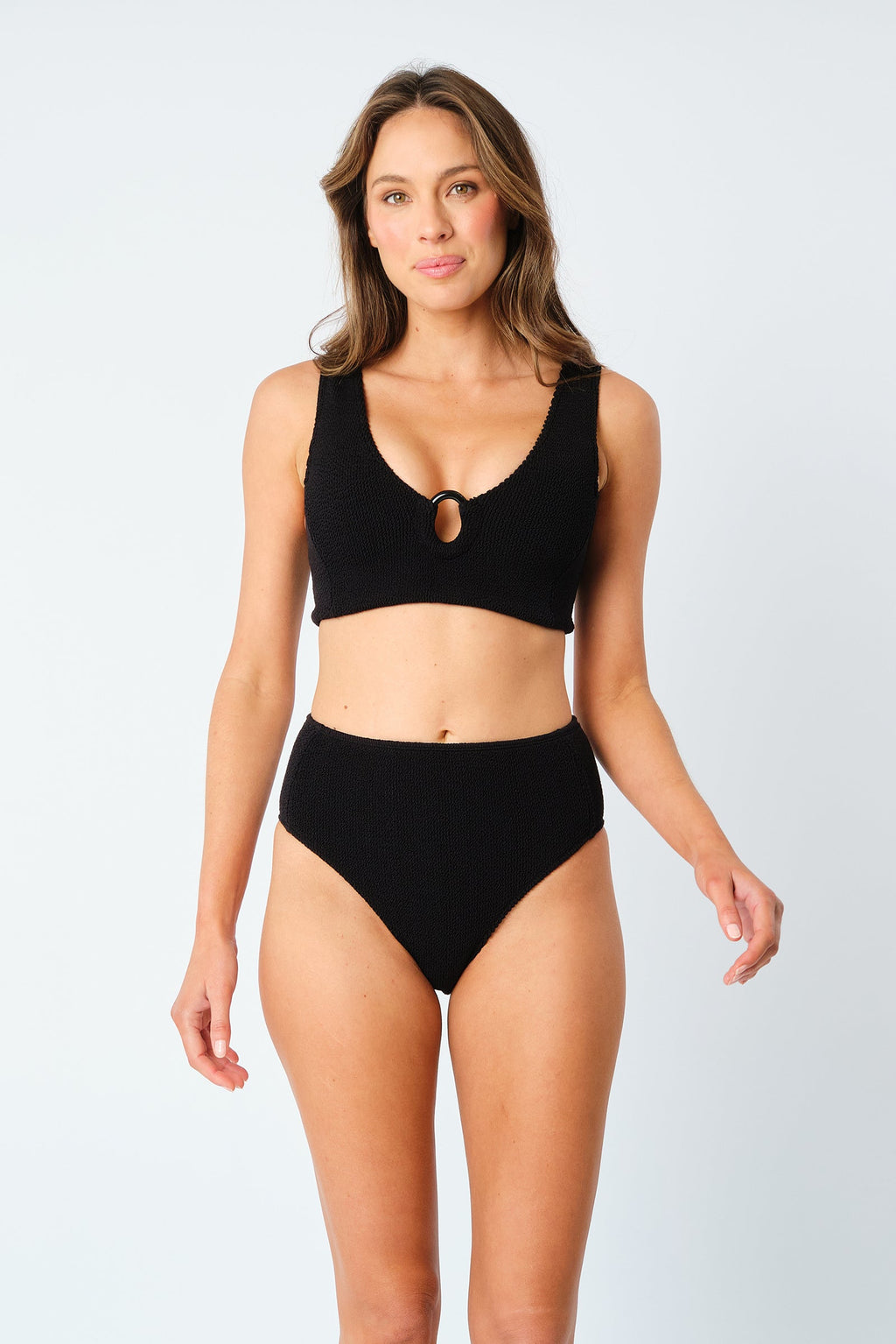Crinkle Cut V-Neck Bikini Bralette with Ring BLACK - XYRIS