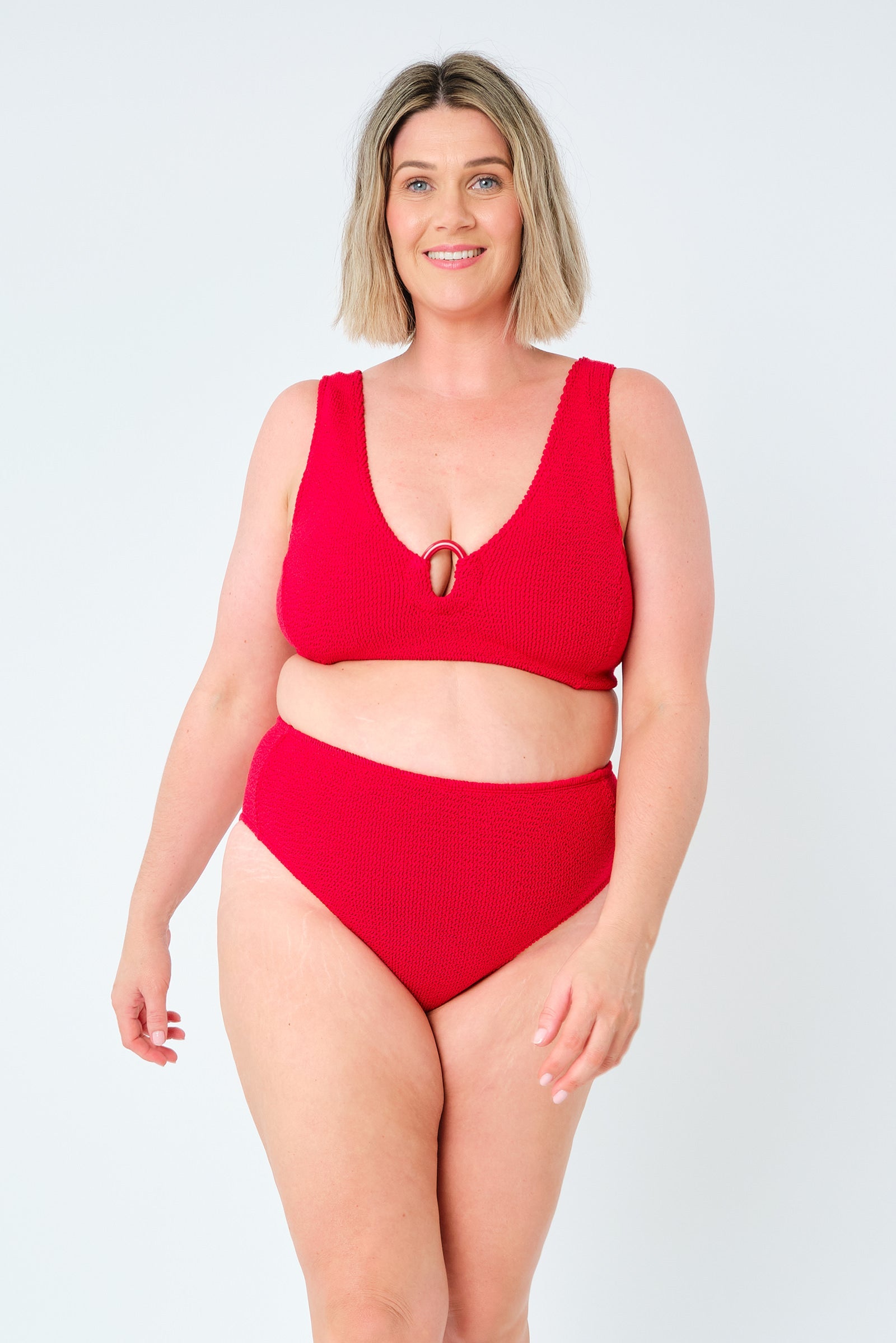 Crinkle Cut V-Neck Bikini Bralette with Ring RED - XYRIS