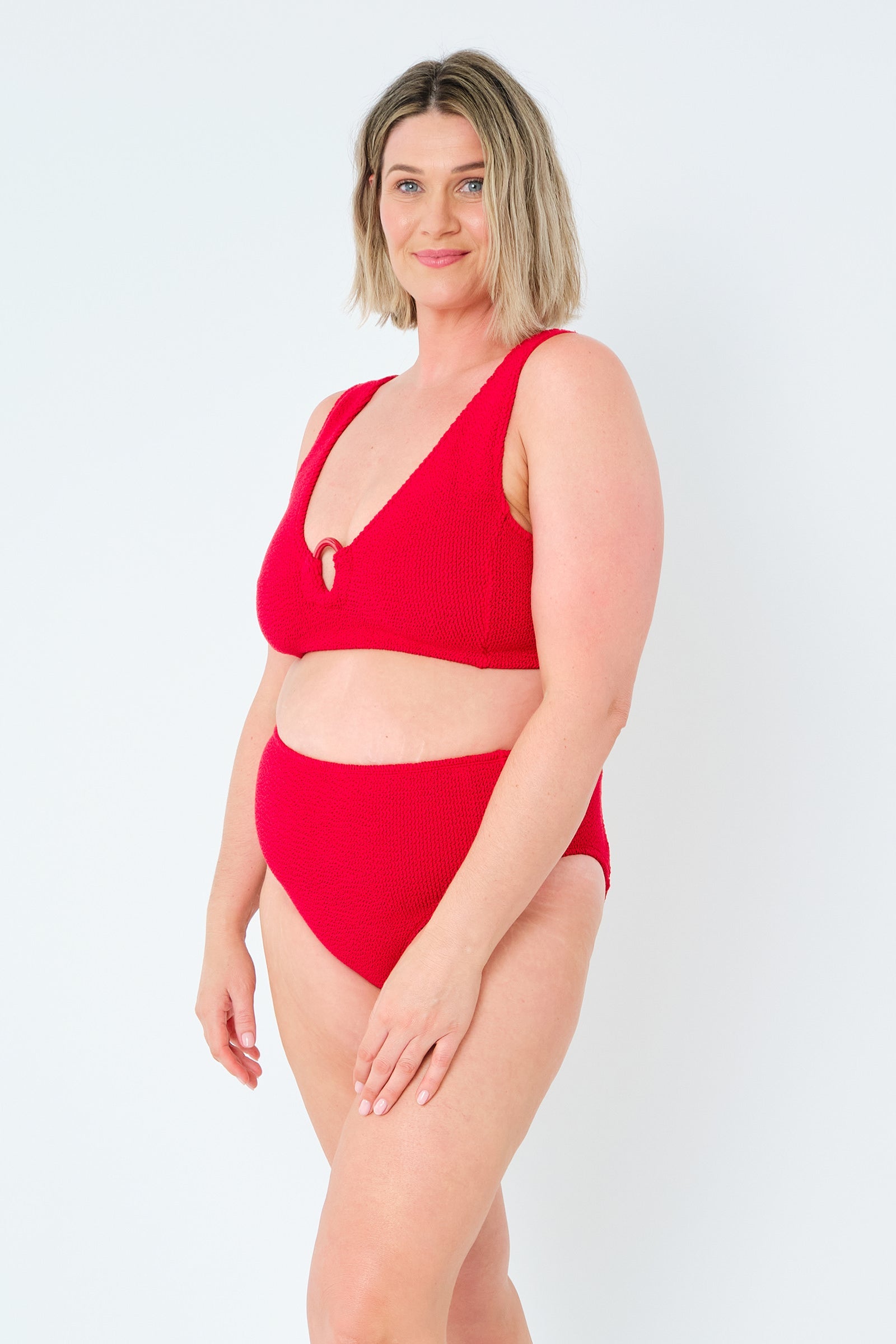 Crinkle Cut V-Neck Bikini Bralette with Ring RED - XYRIS
