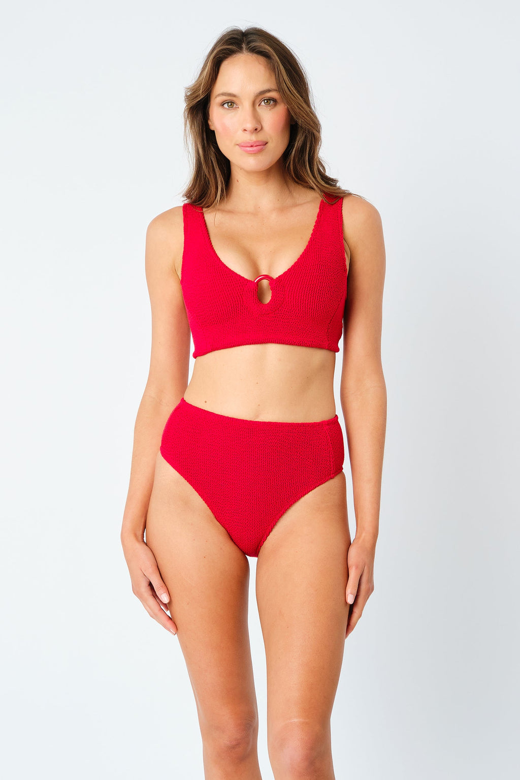 Crinkle Cut V-Neck Bikini Bralette with Ring RED - XYRIS