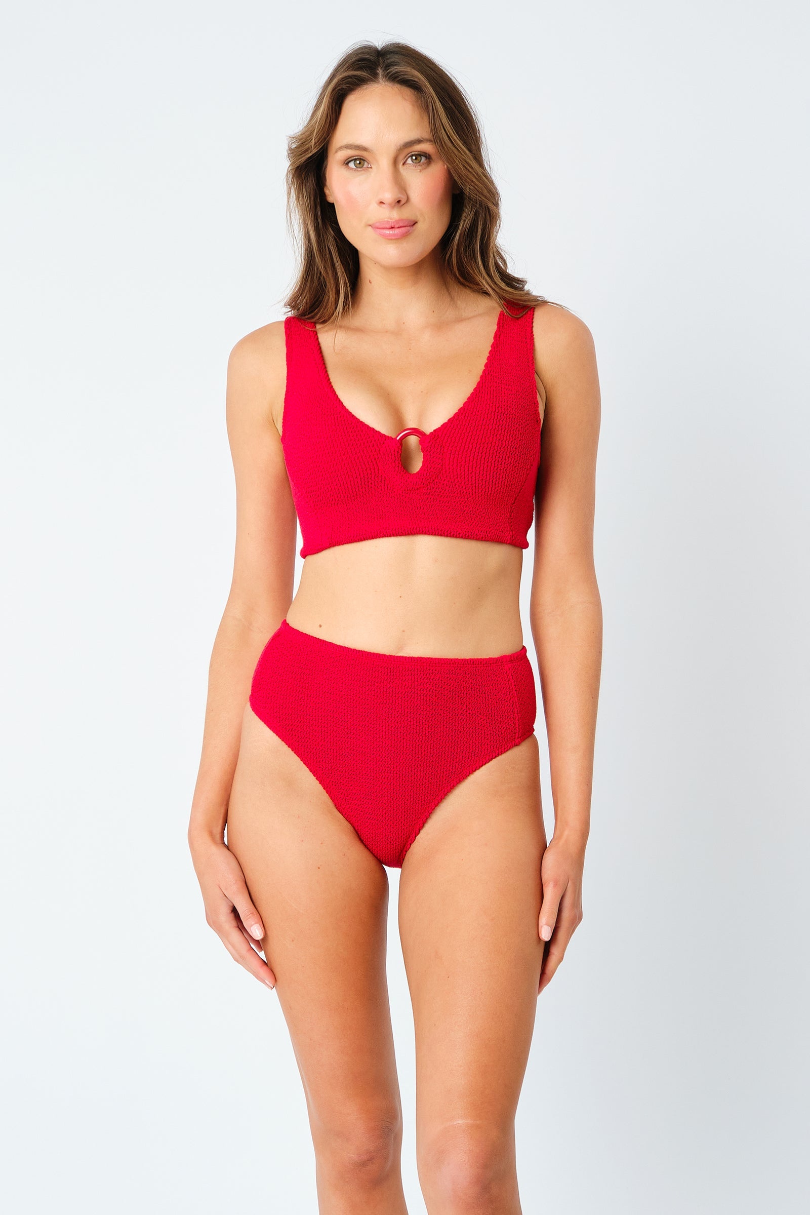 Crinkle Cut V-Neck Bikini Bralette with Ring RED - XYRIS