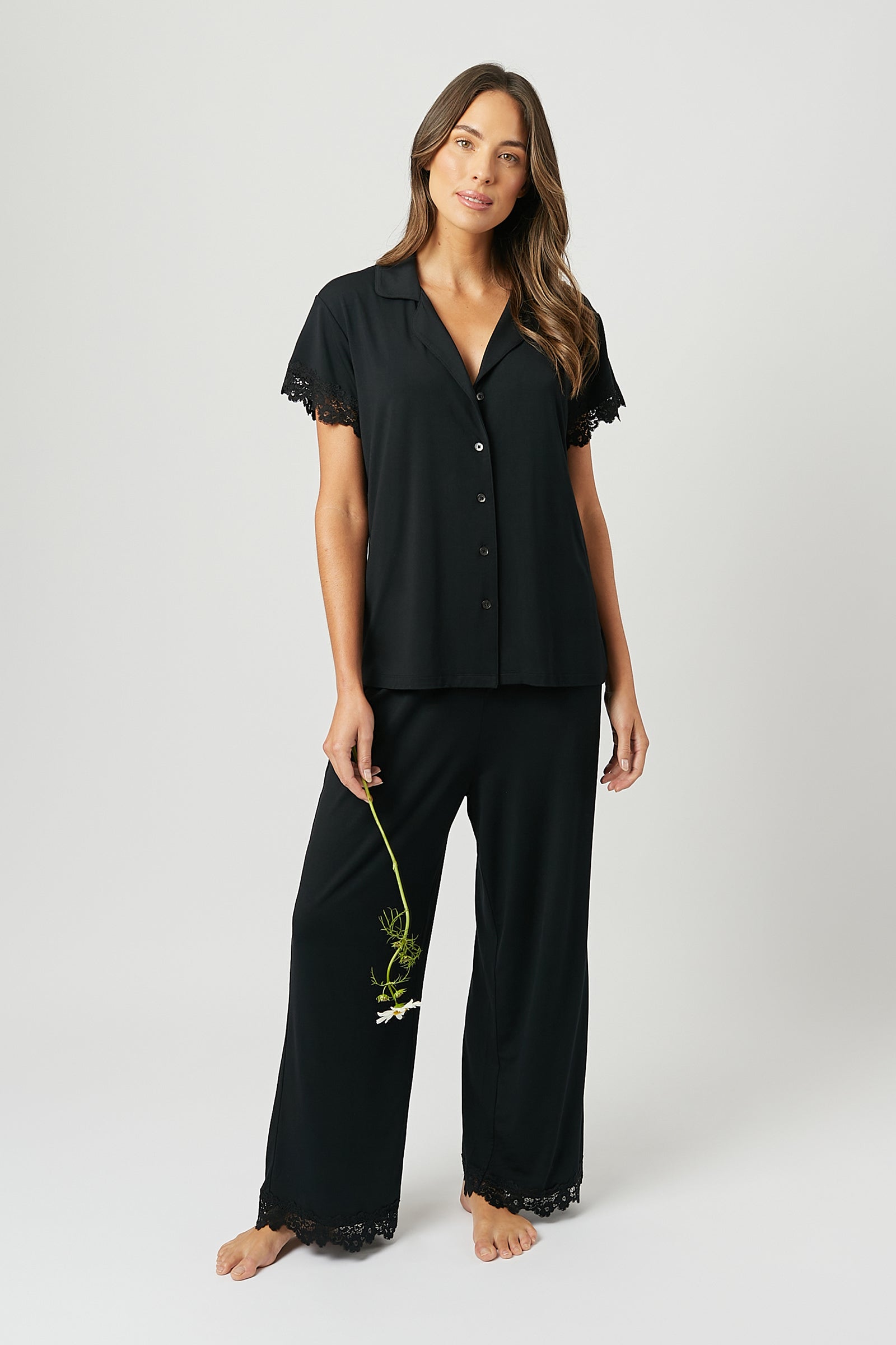 Lace Trim Modal Full Length Pyjama Set BLACK - XYRIS