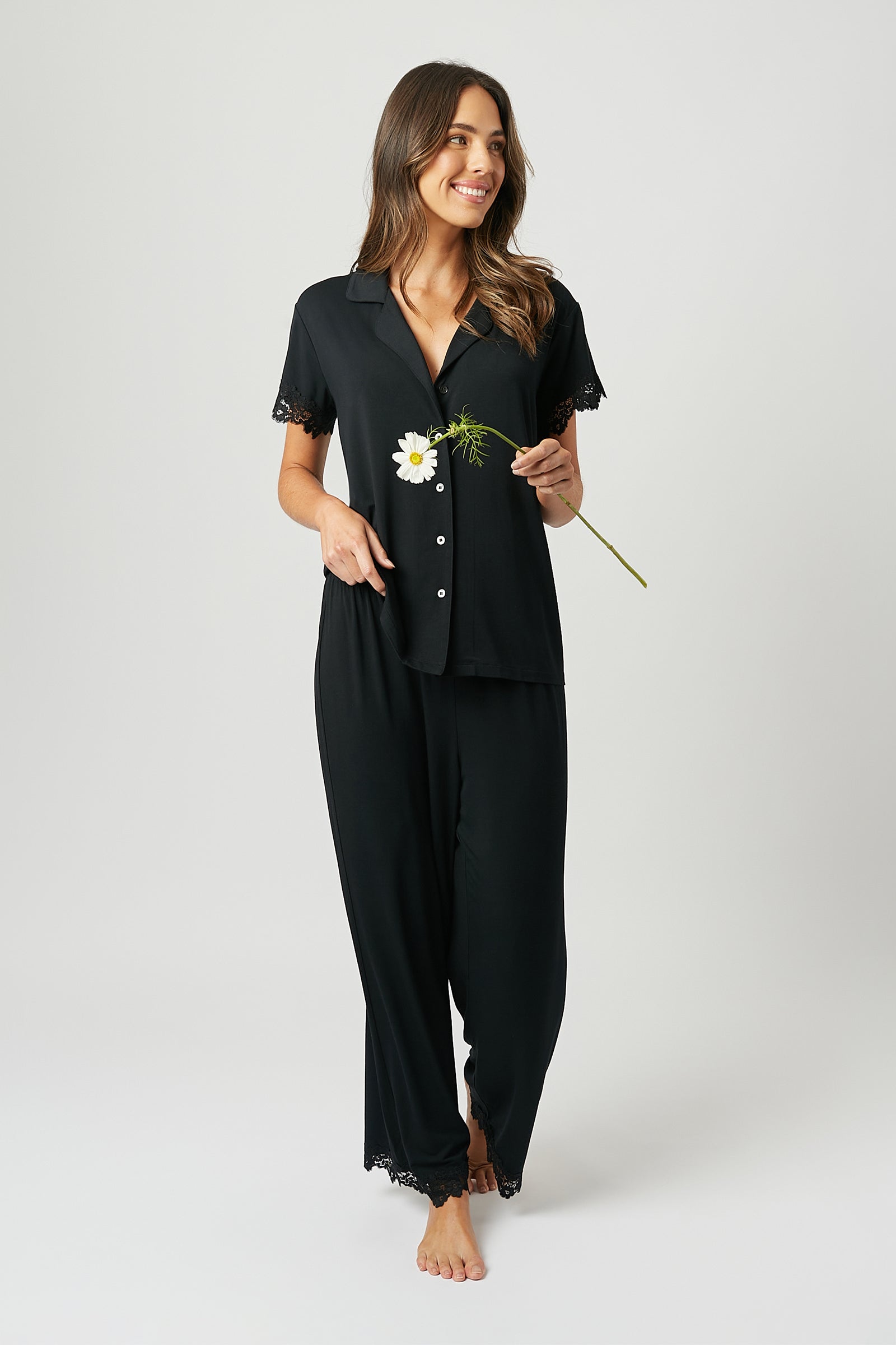Lace Trim Modal Full Length Pyjama Set BLACK - XYRIS