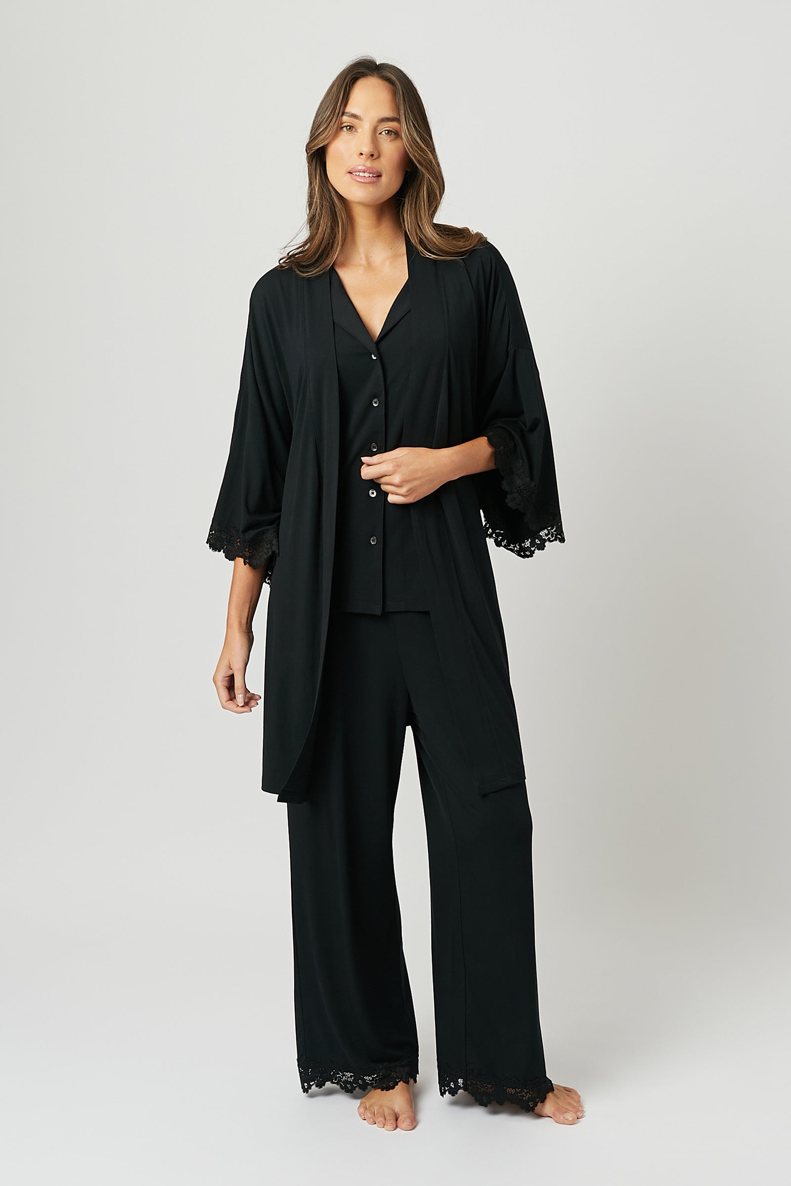 Lace Trim Modal Full Length Pyjama Set BLACK - XYRIS
