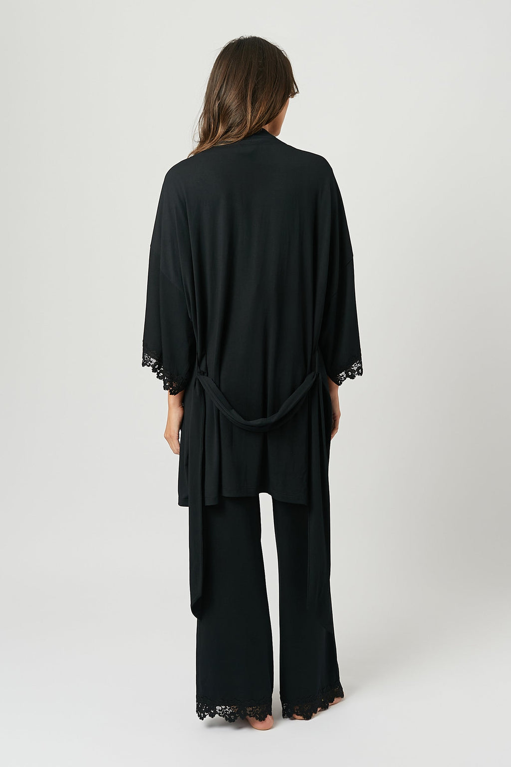 Lace Trim Modal Full Length Pyjama Set BLACK - XYRIS