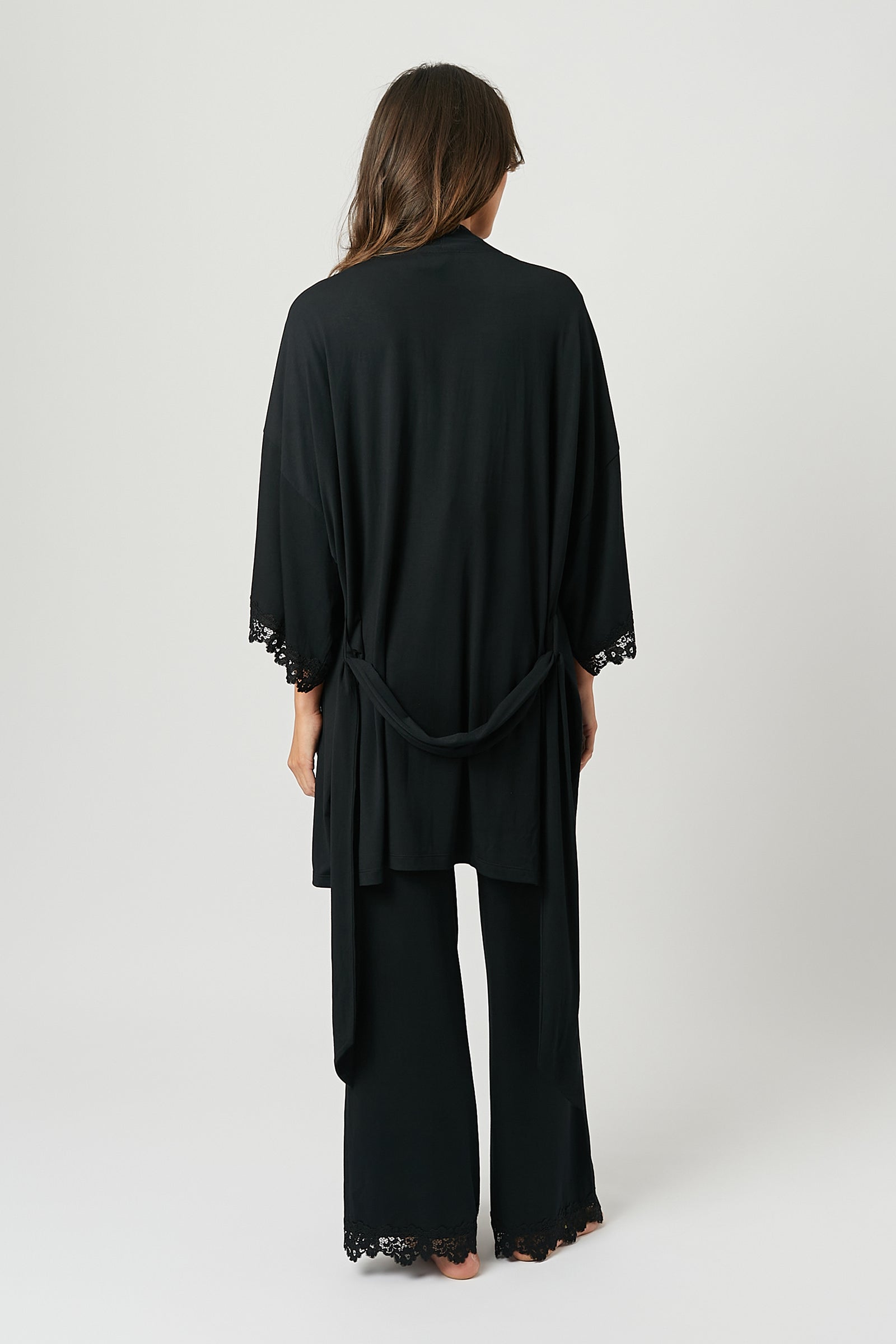 Lace Trim Modal Full Length Pyjama Set BLACK - XYRIS
