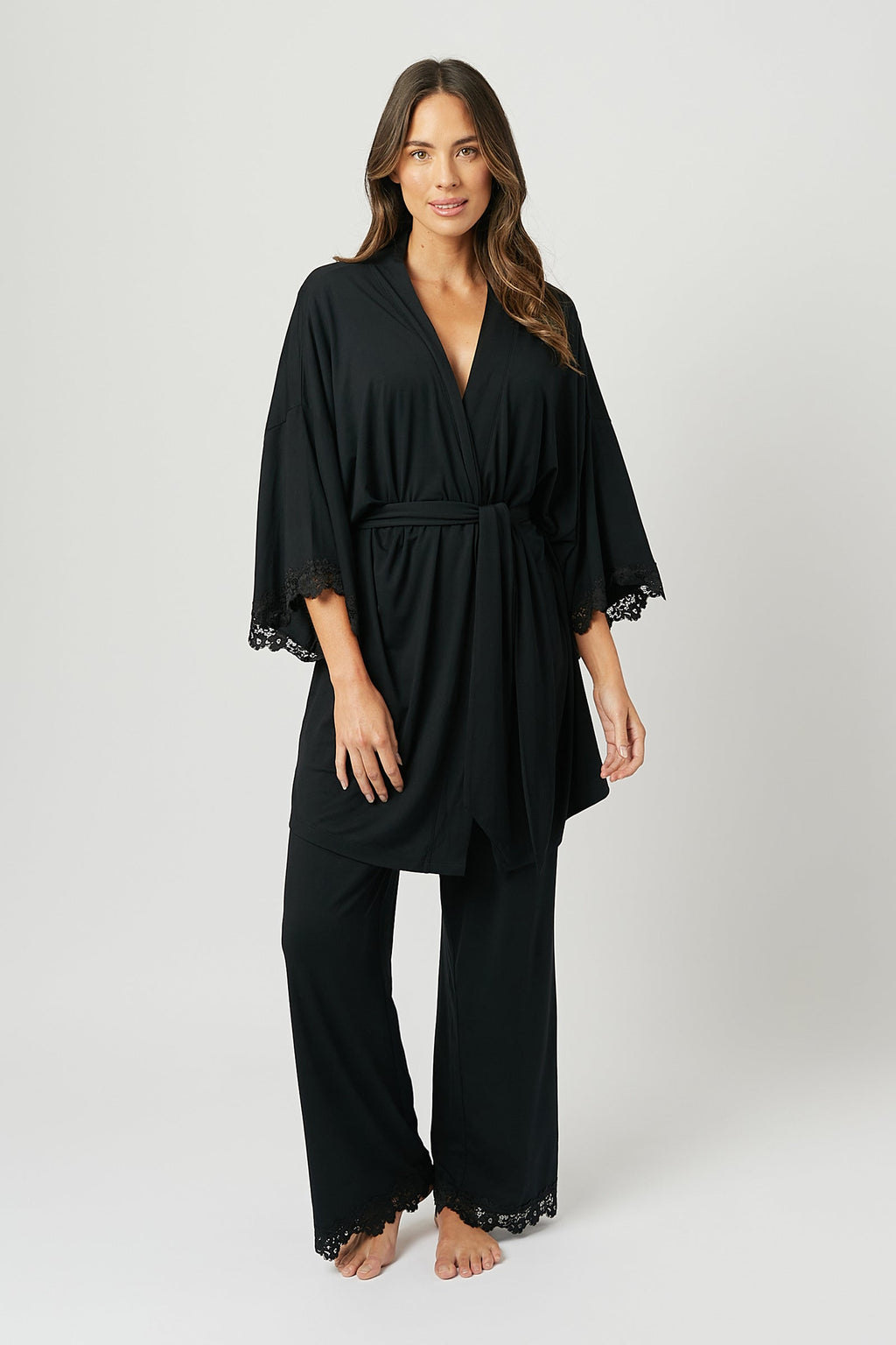 Lace Trim Modal Full Length Pyjama Set BLACK - XYRIS