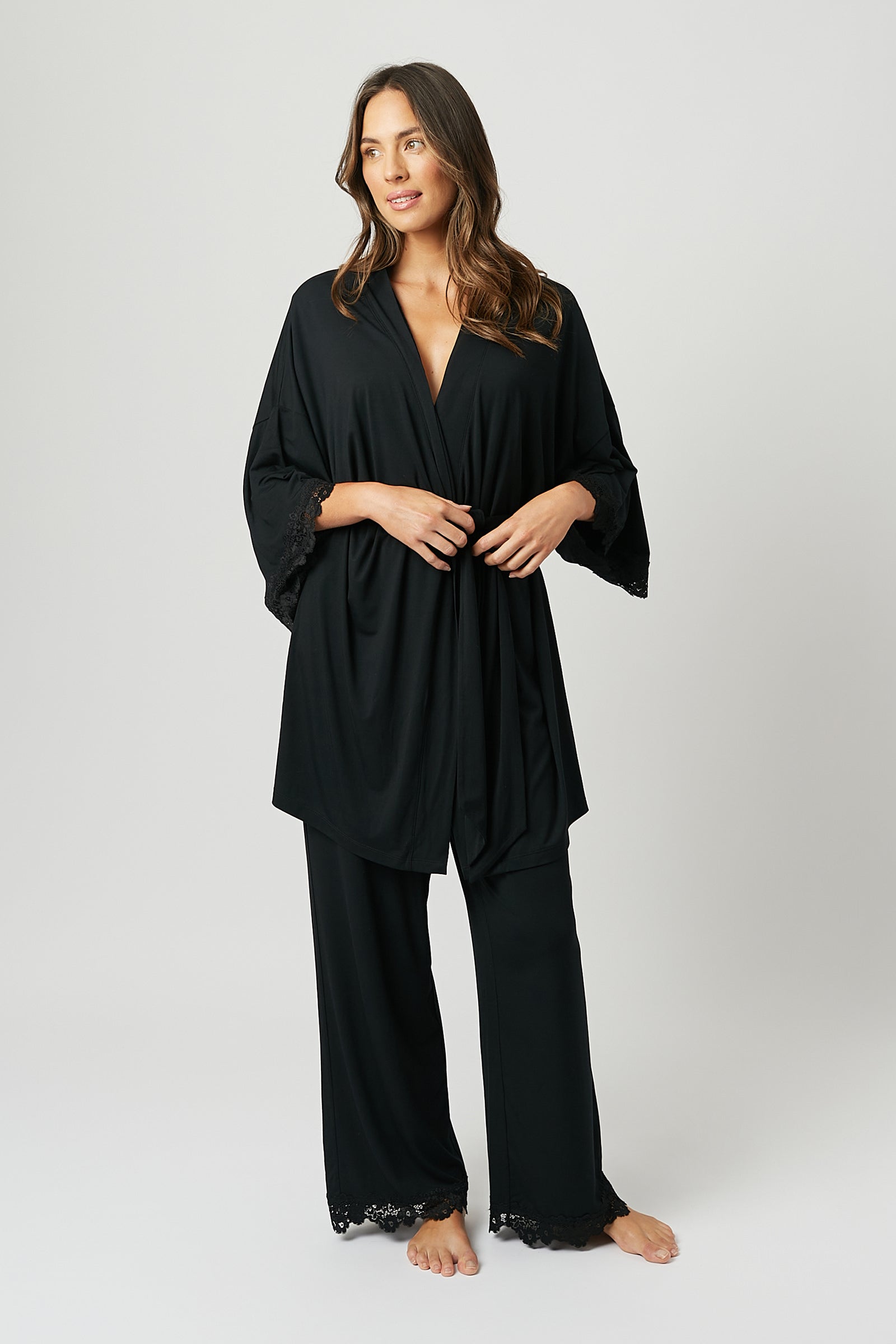 Lace Trim Modal Full Length Pyjama Set BLACK - XYRIS