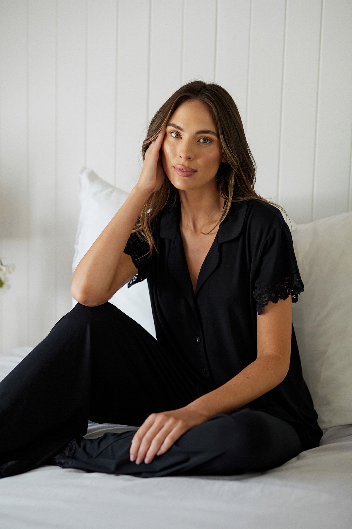Lace Trim Modal Full Length Pyjama Set BLACK - XYRIS