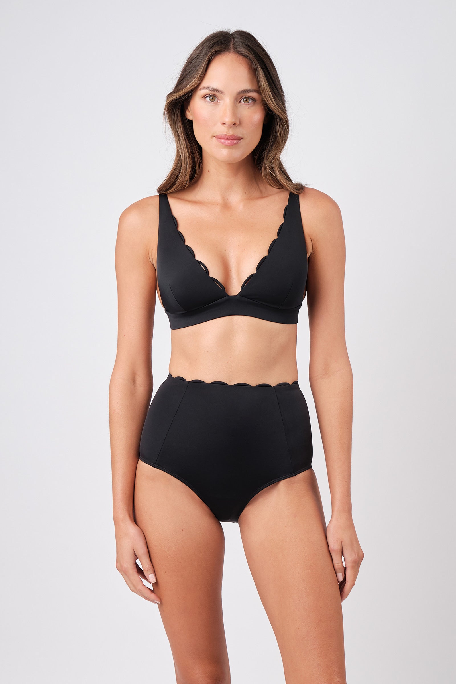 Scalloped Never Say Never High-Waisted Bikini Bottom BLACK - XYRIS