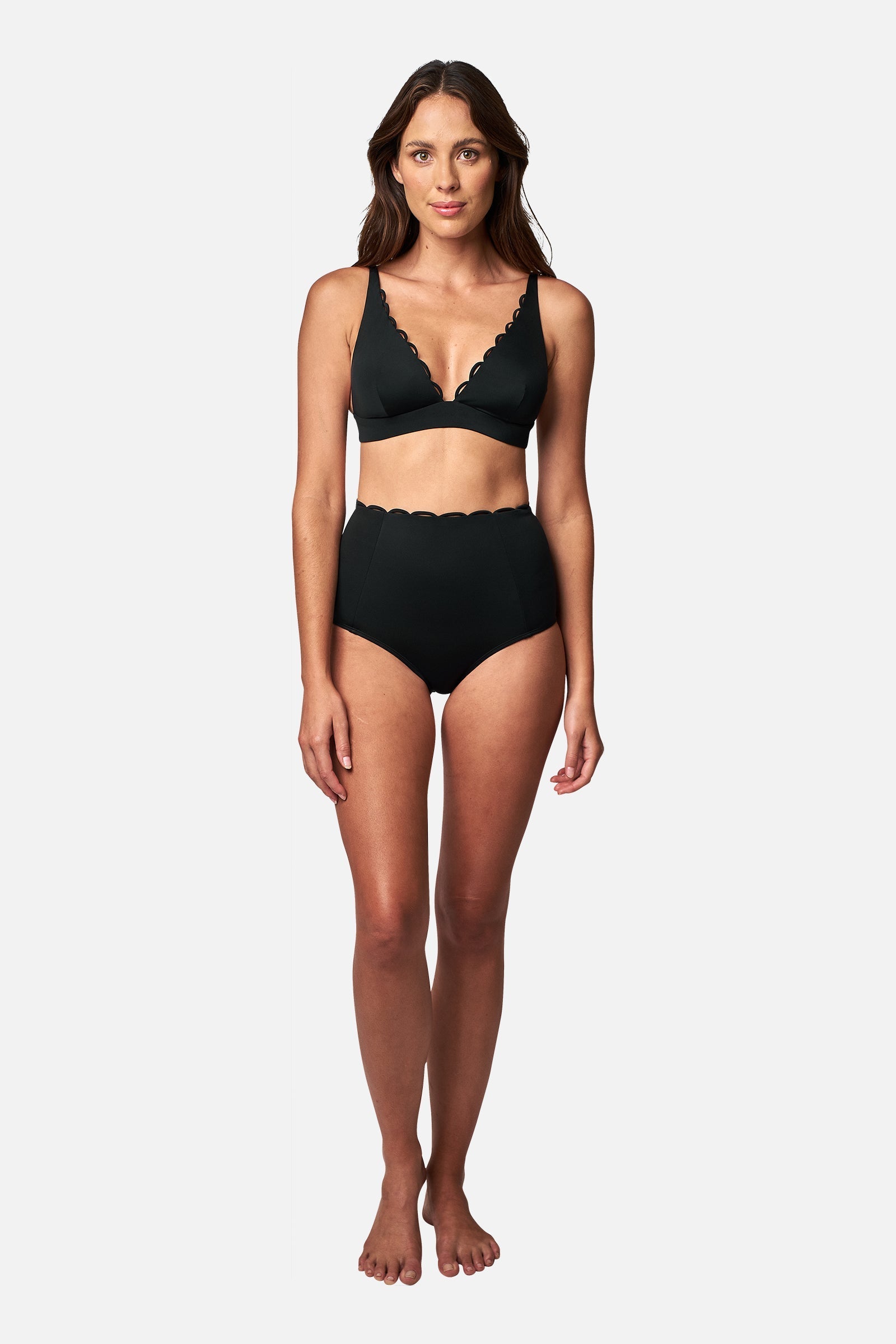 Scalloped Never Say Never High-Waisted Bikini Bottom BLACK - XYRIS