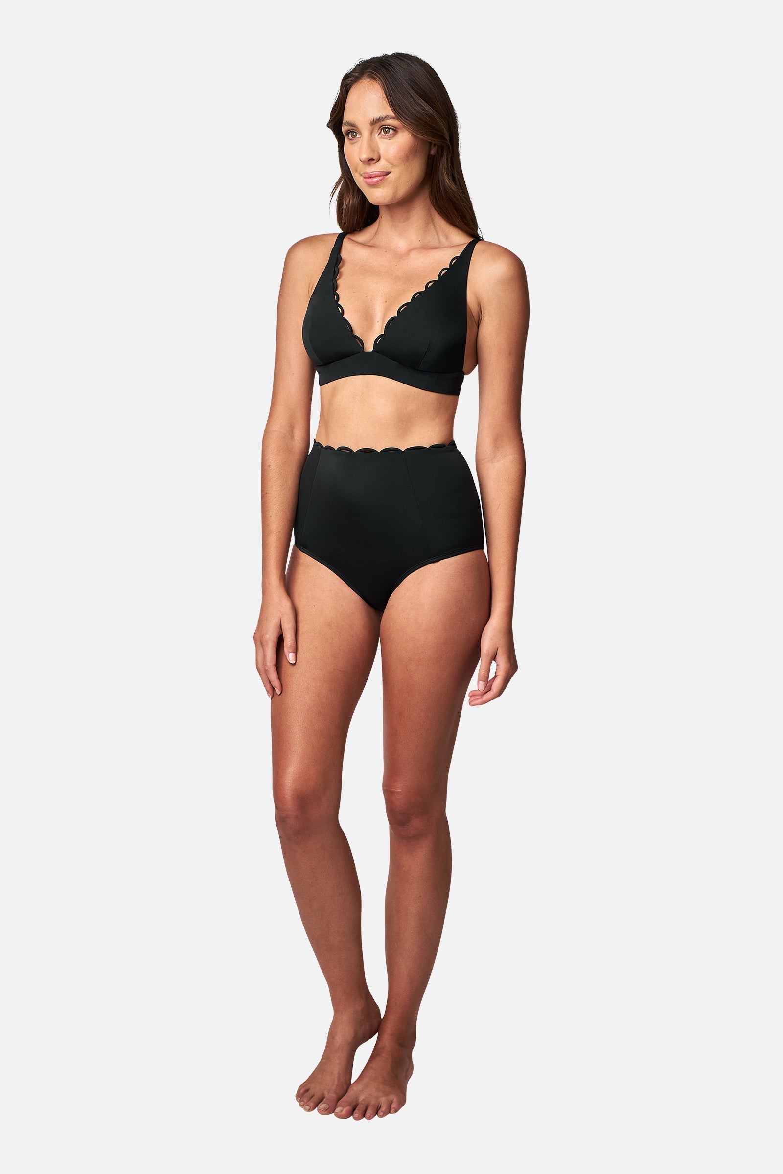 Scalloped Never Say Never High-Waisted Bikini Bottom BLACK - XYRIS