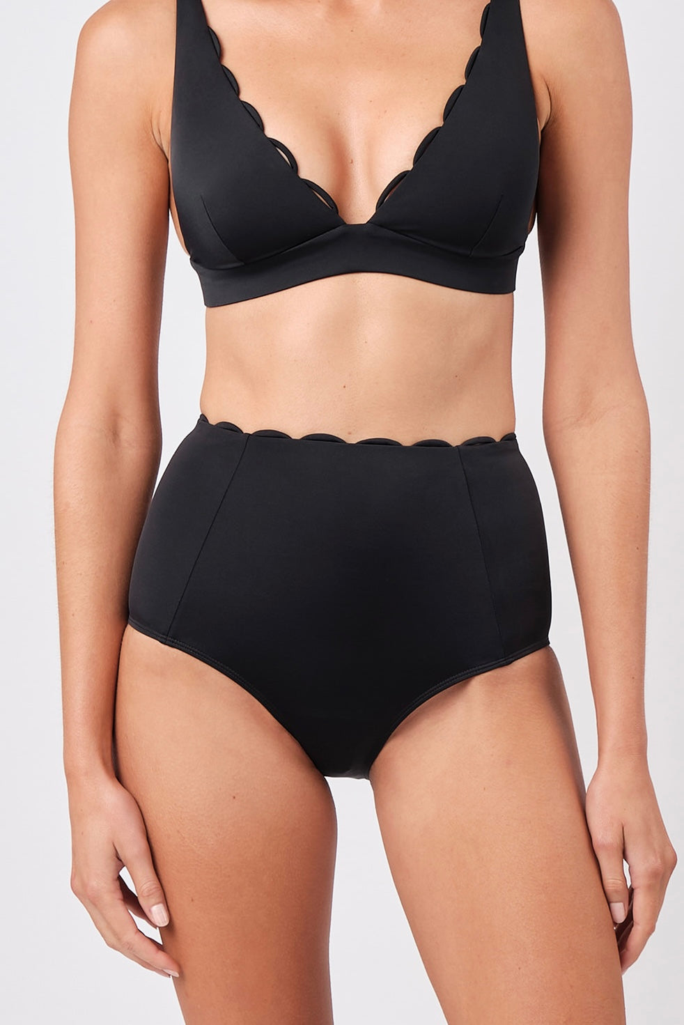 Scalloped Never Say Never High-Waisted Bikini Bottom BLACK - XYRIS